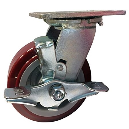 CasterHQ - 5" X 2" Swivel Caster with Brake - Maroon on Gray Polyurethane on Polyolefin Wheel - 4"x4-1/2" Top Plate - 750 lbs Capacity